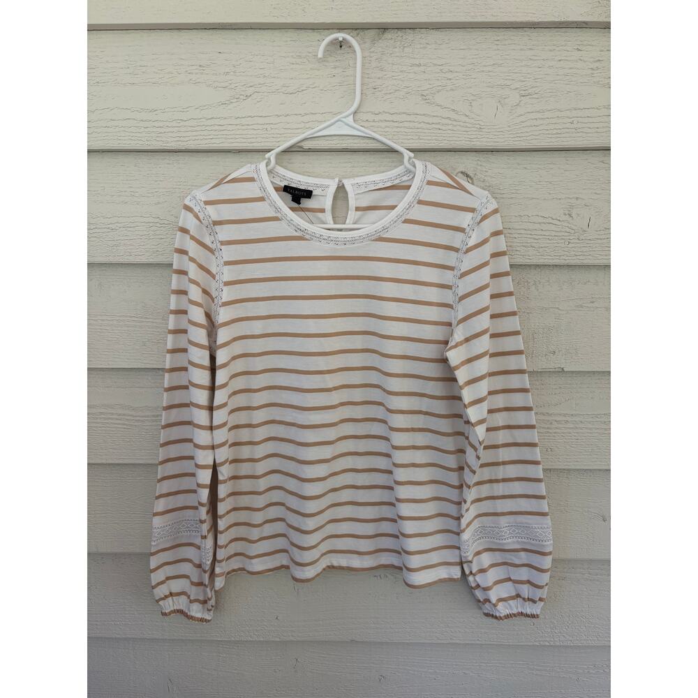 Talbots Striped Long Sleeve Top | Size S| NWT | White & Tan Lace Trim Blouse - Picture 2 of 6